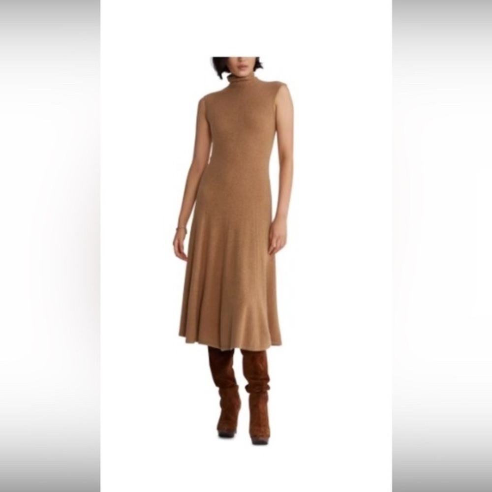 Polo Ralph Lauren Women 100% Cashmere Midi Dress M Camel Turtleneck Fit & Flare